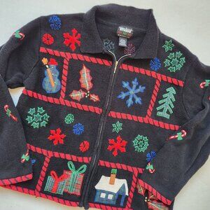 Vintage Ugly Christmas Sweater Cardigan Embroidered Teddy Bears Winter Cute